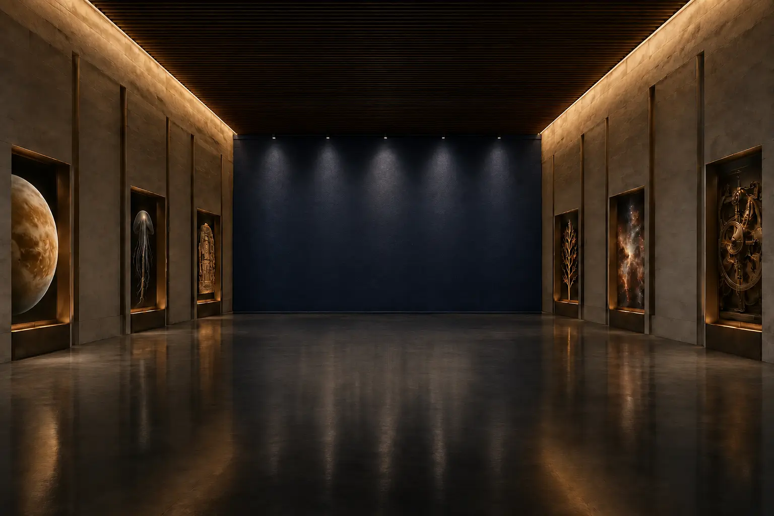A dark museum gallery with a navy exhibition banner illuminated by overhead spotlights